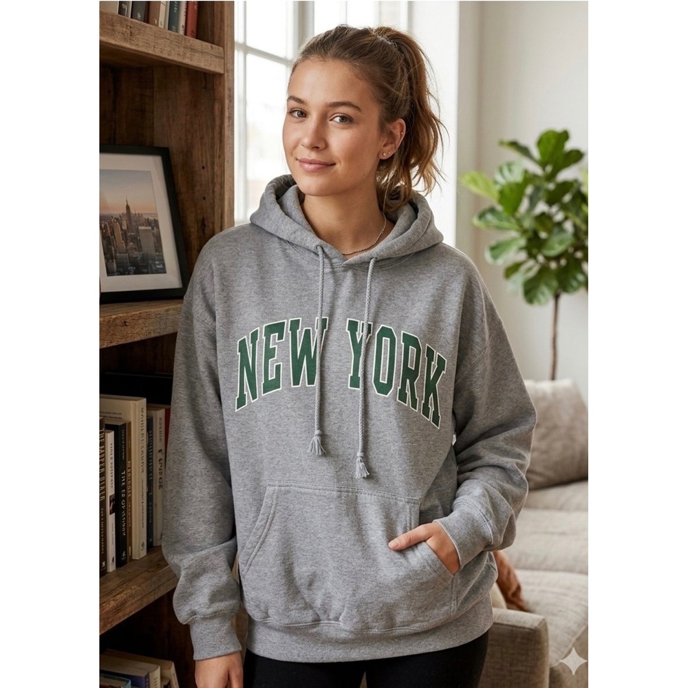John Galt Brandy Melville New York Graphic Hoodie Gray Oversized Sweatshirt OS